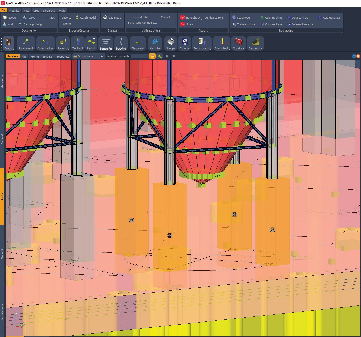 Dettaglio modellazione silos pilastri alla base